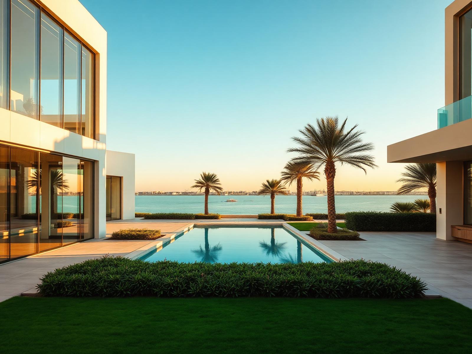Modern Jubail Island villa with spotless floor-to-ceiling windows